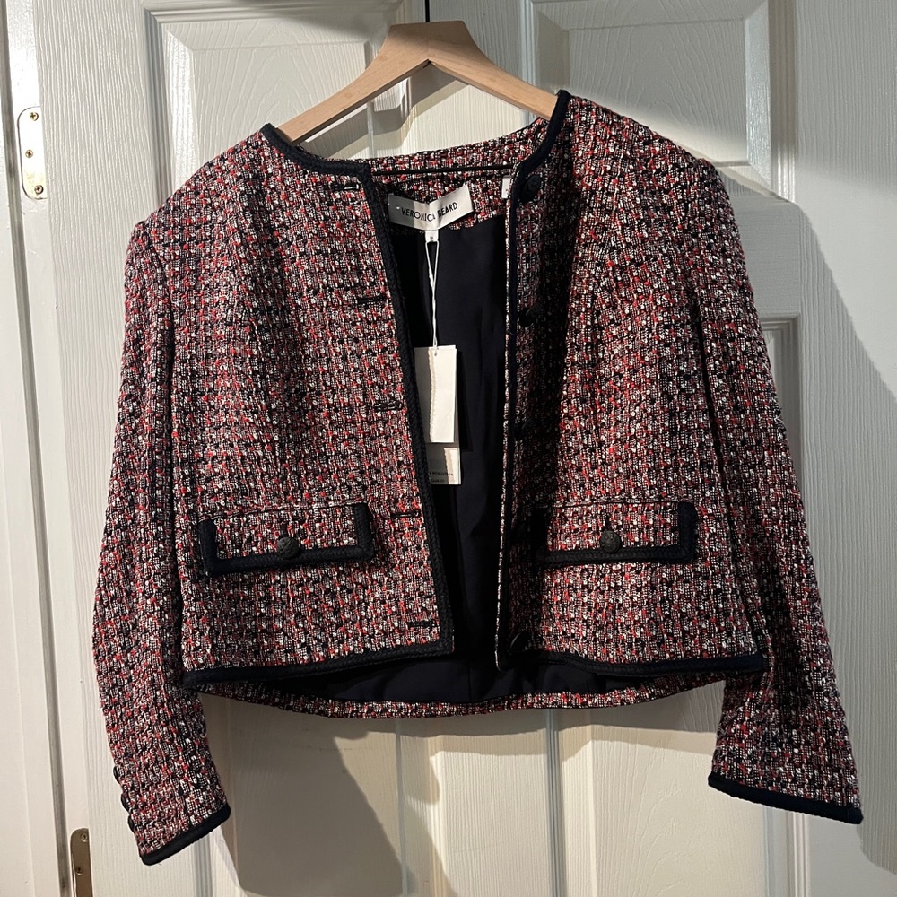Veronica Beard Cropped Tweed Blazer in Red Multi with Navy Trim